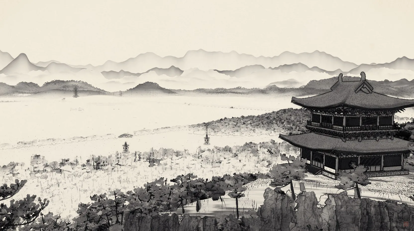 West Lake in ink, seen from Baoshi Hill: a two-storey pavilion close by, then the lake, the Su Causeway and layer on layer of hills.